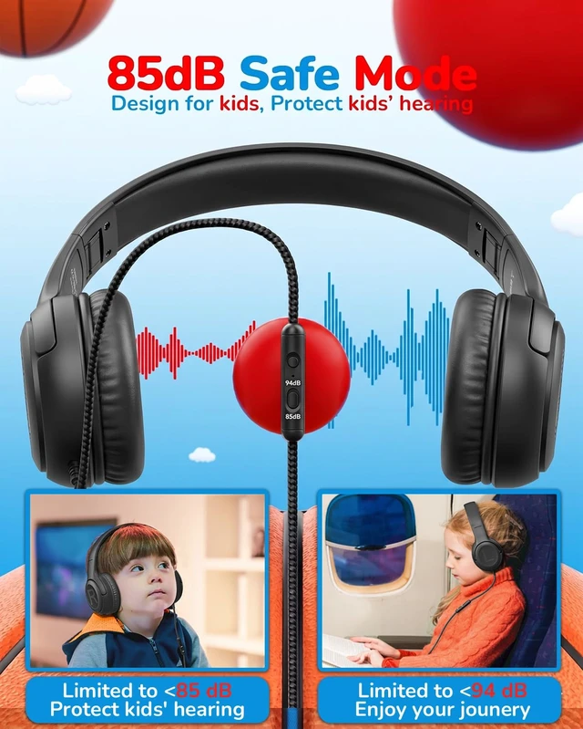 Alt view image 2 of 6 - AT2 Kids Headphones for School Travel, 85/94dB Safe Volume Limit 3.5mm Jack, HD Mic, Portable Wired Headphone with Shareport, Stereo Sound On-Ear Headphones for Toddler Kids Girls Boys Black