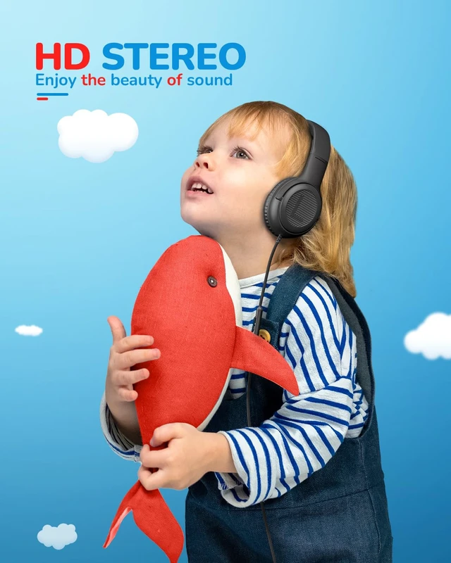 Alt view image 3 of 6 - AT2 Kids Headphones for School Travel, 85/94dB Safe Volume Limit 3.5mm Jack, HD Mic, Portable Wired Headphone with Shareport, Stereo Sound On-Ear Headphones for Toddler Kids Girls Boys Black