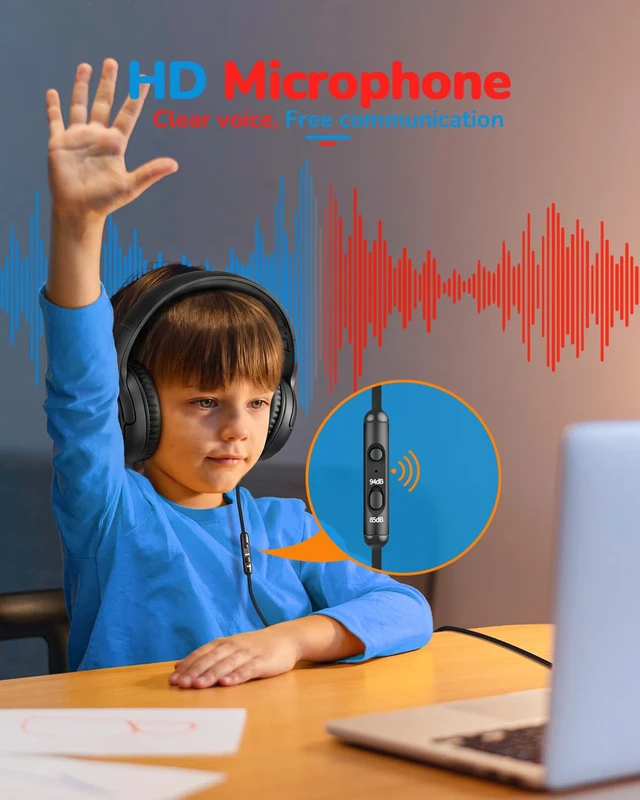 Alt view image 4 of 6 - AT2 Kids Headphones for School Travel, 85/94dB Safe Volume Limit 3.5mm Jack, HD Mic, Portable Wired Headphone with Shareport, Stereo Sound On-Ear Headphones for Toddler Kids Girls Boys Black