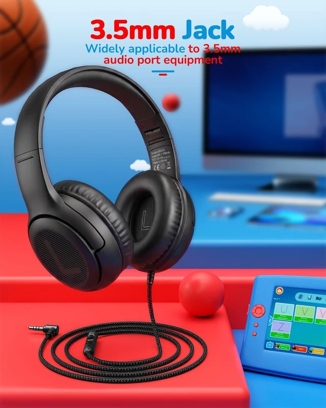 Alt view image 5 of 6 - AT2 Kids Headphones for School Travel, 85/94dB Safe Volume Limit 3.5mm Jack, HD Mic, Portable Wired Headphone with Shareport, Stereo Sound On-Ear Headphones for Toddler Kids Girls Boys Black
