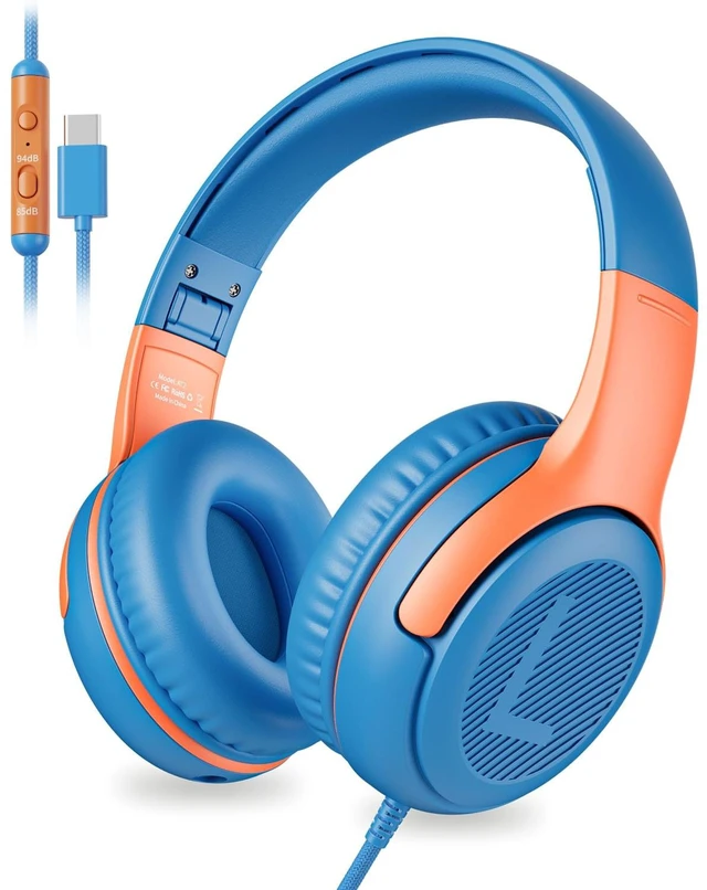 Main image of AT2C USB-C Kids Headphones with Mic - 85/94dB Volume Limiter Foldable Wired Toddler Headphones for Boys & Girls, Over-Ear Type-C Kid Headphones for iPad School Travel Tablet Blue Orange