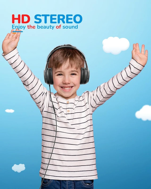 Alt view image 6 of 6 - AT2 Kids Headphones for School Travel, 85/94dB Safe Volume Limit 3.5mm Jack, HD Mic, Portable Wired Headphone with Shareport, Stereo Sound On-Ear Headphones for Toddler Kids Girls Boys Black