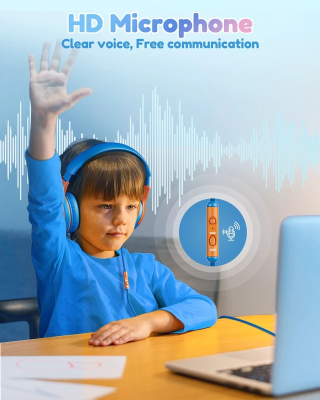 Alt view image 6 of 6 - AT2C USB-C Kids Headphones with Mic - 85/94dB Volume Limiter Foldable Wired Toddler Headphones for Boys & Girls, Over-Ear Type-C Kid Headphones for iPad School Travel Tablet Blue Orange