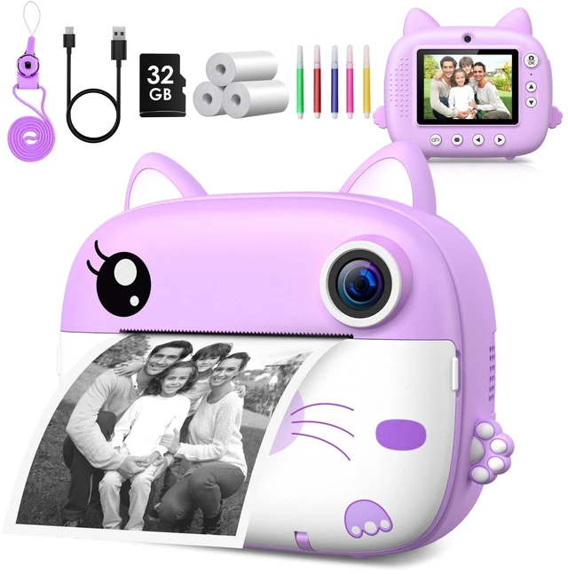 Main image of Kids Camera Instant Print, Christmas Birthday Gifts for Girl Boys Kids 3-12 FHD Selfie Digital Video Cameras Toddler 3 Rolls Print Paper & 32G Card (Purple Cat)