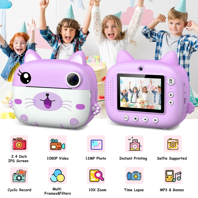 Alt view image 2 of 7 - Kids Camera Instant Print, Christmas Birthday Gifts for Girl Boys Kids 3-12 FHD Selfie Digital Video Cameras Toddler 3 Rolls Print Paper & 32G Card (Purple Cat)