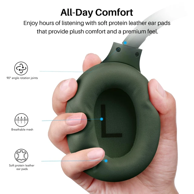 Alt view image 6 of 7 - HT3 Hybrid Noise Cancelling Wireless Headphones, 90H Over Ear Headset Hi Res Audio, AI Voice Assistant, Dual Device Connection, 32 Custom EQs, Built In 5 Mics, ANC, Foldable, Bluetooth 6.0 Green