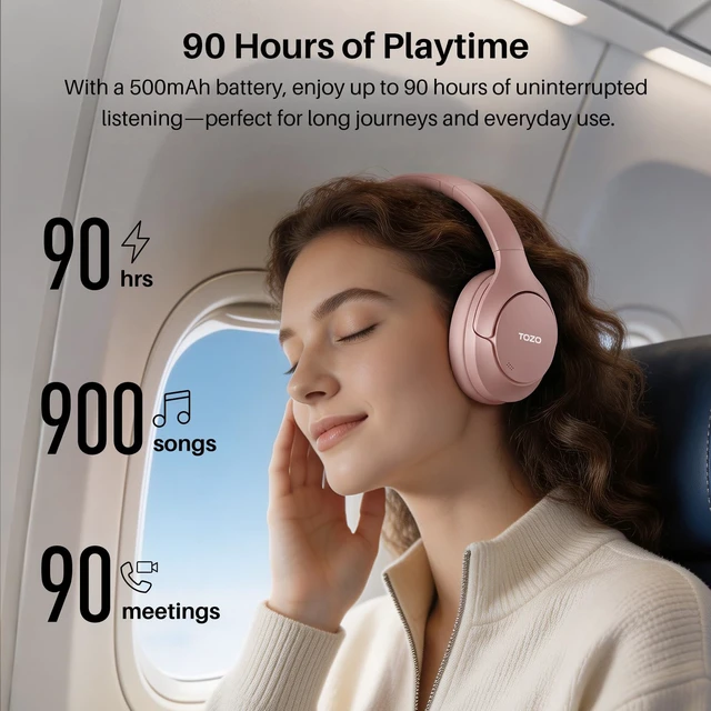 Alt view image 4 of 7 - HT3 Hybrid Noise Cancelling Wireless Headphones, 90H Over Ear Headset Hi Res Audio, AI Voice Assistant, Dual Device Connection, 32 Custom EQs, Built In 5 Mics, ANC, Foldable, Bluetooth 6.0 Pink