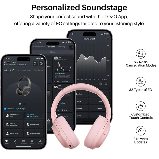 Alt view image 3 of 7 - HT3 Hybrid Noise Cancelling Wireless Headphones, 90H Over Ear Headset Hi Res Audio, AI Voice Assistant, Dual Device Connection, 32 Custom EQs, Built In 5 Mics, ANC, Foldable, Bluetooth 6.0 Pink
