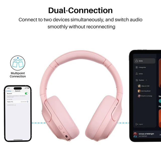 Alt view image 5 of 7 - HT3 Hybrid Noise Cancelling Wireless Headphones, 90H Over Ear Headset Hi Res Audio, AI Voice Assistant, Dual Device Connection, 32 Custom EQs, Built In 5 Mics, ANC, Foldable, Bluetooth 6.0 Pink