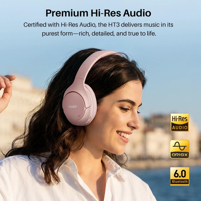 Alt view image 6 of 7 - HT3 Hybrid Noise Cancelling Wireless Headphones, 90H Over Ear Headset Hi Res Audio, AI Voice Assistant, Dual Device Connection, 32 Custom EQs, Built In 5 Mics, ANC, Foldable, Bluetooth 6.0 Pink