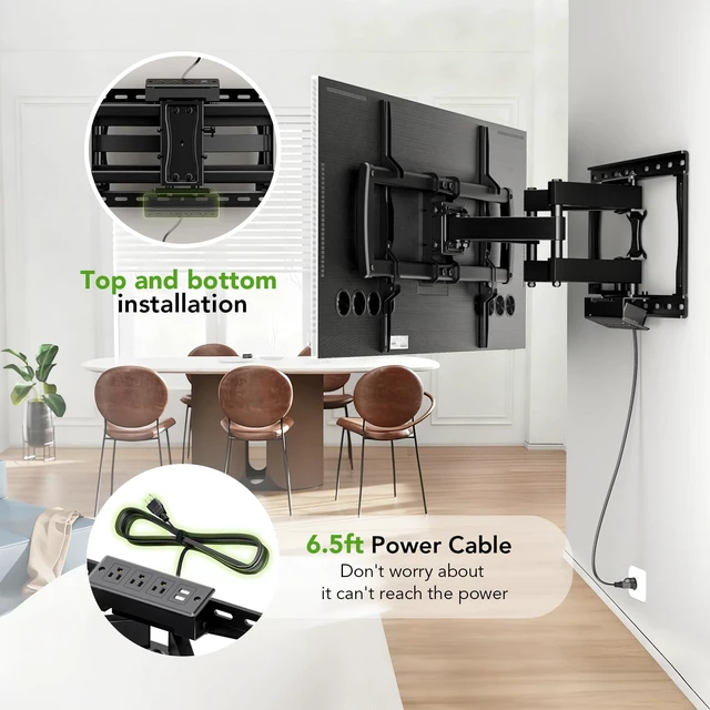 Alt view image 2 of 7 - Full Motion TV Wall Mount Bracket with Power Outlet for Most 32-85 inch TV,TV Mount Dual Articulating Arms,Tilt/Swivel/Extension/Leveling,Fits 8 12 16" Studs,Max Vesa 600x400mm, Holds up to 132lbs