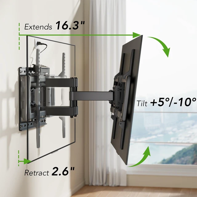 Alt view image 6 of 7 - Full Motion TV Wall Mount Bracket with Power Outlet for Most 32-85 inch TV,TV Mount Dual Articulating Arms,Tilt/Swivel/Extension/Leveling,Fits 8 12 16" Studs,Max Vesa 600x400mm, Holds up to 132lbs