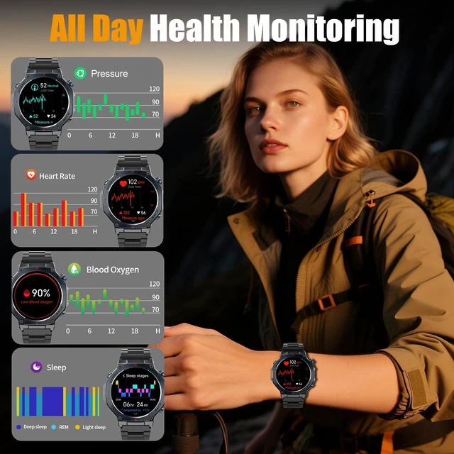 Alt view image 5 of 7 - Military Smart Watch for Men with Dual-Band GPS, 5ATM Waterproof, 1.43" AMOLED Fitness Watch with Bluetooth Call, Heart Rate Blood Oxygen Sleep Monitor, 160+ Sport Smartwatch for Android iOS