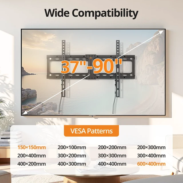 Alt view image 5 of 7 - Fixed TV Wall Mount for 37-90 Inch TVs,Low Profile Flat TV Mount Bracket with Max VESA 600x400mm,132 lbs Capacity, Universal Television Wall Mounts for Most 65, 75, 85 Inch Screens