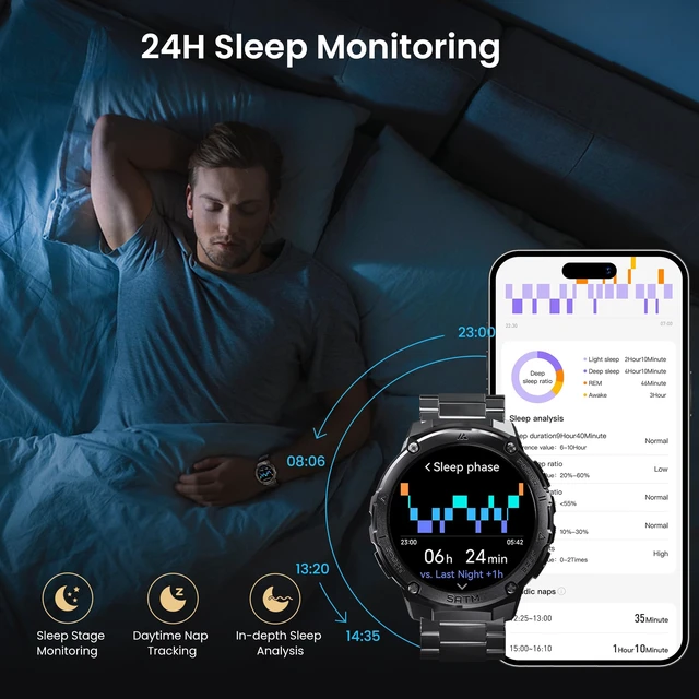 Alt view image 4 of 7 - Smart Watch with GPS, Rugged Outdoor Fitness Watch, 5 ATM & IP69K 1.43" AMOLED, 170+ Sports Modes, 15 Days Battery, Compatible with Android & iPhone (Includes Silicone & Steel Bands)