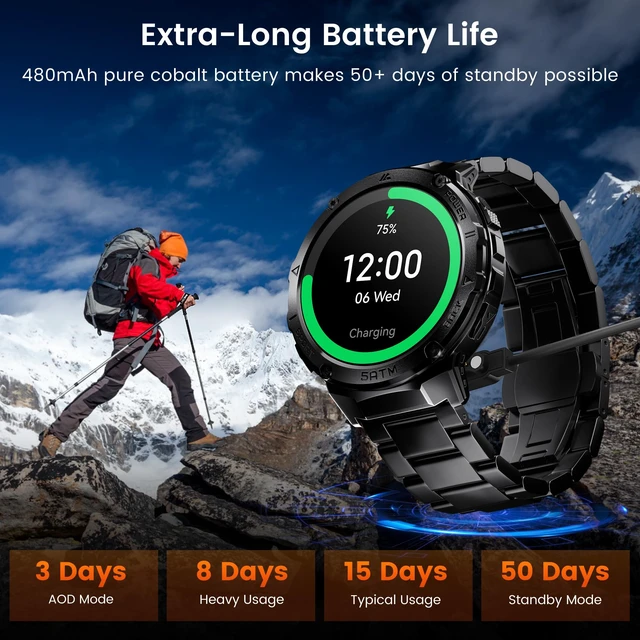 Alt view image 5 of 7 - Smart Watch with GPS, Rugged Outdoor Fitness Watch, 5 ATM & IP69K 1.43" AMOLED, 170+ Sports Modes, 15 Days Battery, Compatible with Android & iPhone (Includes Silicone & Steel Bands)
