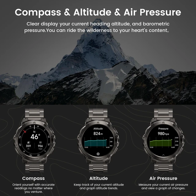 Alt view image 7 of 7 - Smart Watch with GPS, Rugged Outdoor Fitness Watch, 5 ATM & IP69K 1.43" AMOLED, 170+ Sports Modes, 15 Days Battery, Compatible with Android & iPhone (Includes Silicone & Steel Bands)