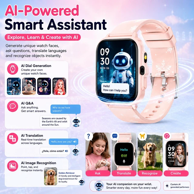 Alt view image 2 of 7 - Smart Watch for Kids Boys Age 5-12, Ai Functions Games HD Touch Screen Watches with Video Camera Music Player Pedometer Heart Rate Sleep Tracker Christmas Birthday Gifts for Girls (Pink, 1.85")