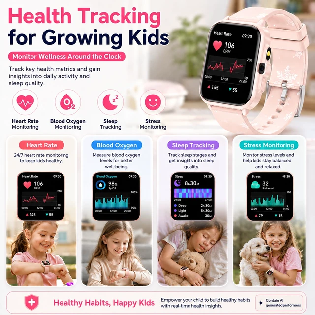 Alt view image 4 of 7 - Smart Watch for Kids Boys Age 5-12, Ai Functions Games HD Touch Screen Watches with Video Camera Music Player Pedometer Heart Rate Sleep Tracker Christmas Birthday Gifts for Girls (Pink, 1.85")