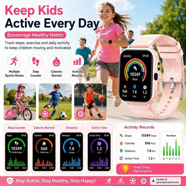 Alt view image 5 of 7 - Smart Watch for Kids Boys Age 5-12, Ai Functions Games HD Touch Screen Watches with Video Camera Music Player Pedometer Heart Rate Sleep Tracker Christmas Birthday Gifts for Girls (Pink, 1.85")