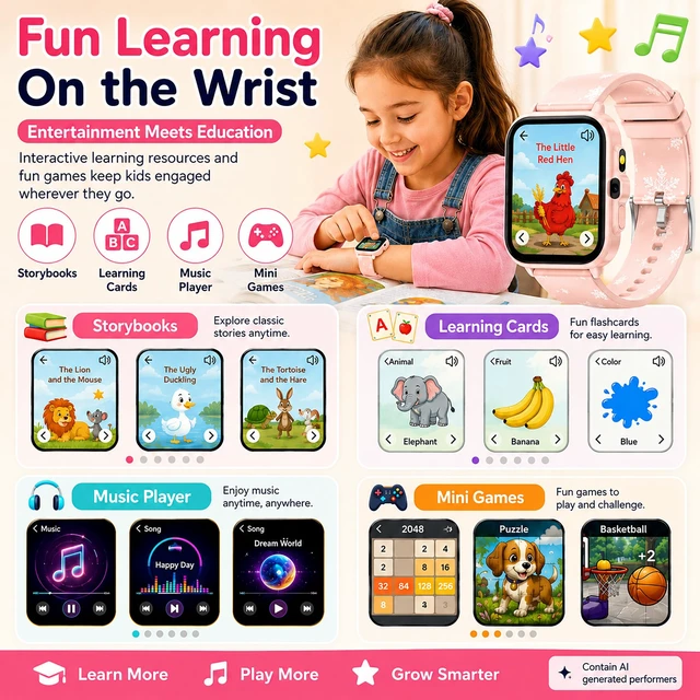 Alt view image 6 of 7 - Smart Watch for Kids Boys Age 5-12, Ai Functions Games HD Touch Screen Watches with Video Camera Music Player Pedometer Heart Rate Sleep Tracker Christmas Birthday Gifts for Girls (Pink, 1.85")