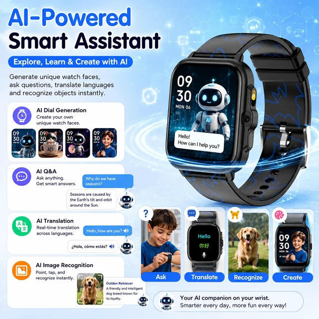 Alt view image 2 of 7 - Smart Watch for Kids Boys Age 5-12, Ai Functions Games HD Touch Screen Watches with Video Camera Music Player Pedometer Heart Rate Sleep Tracker Christmas Birthday Gifts for Boys (Black, 1.85")