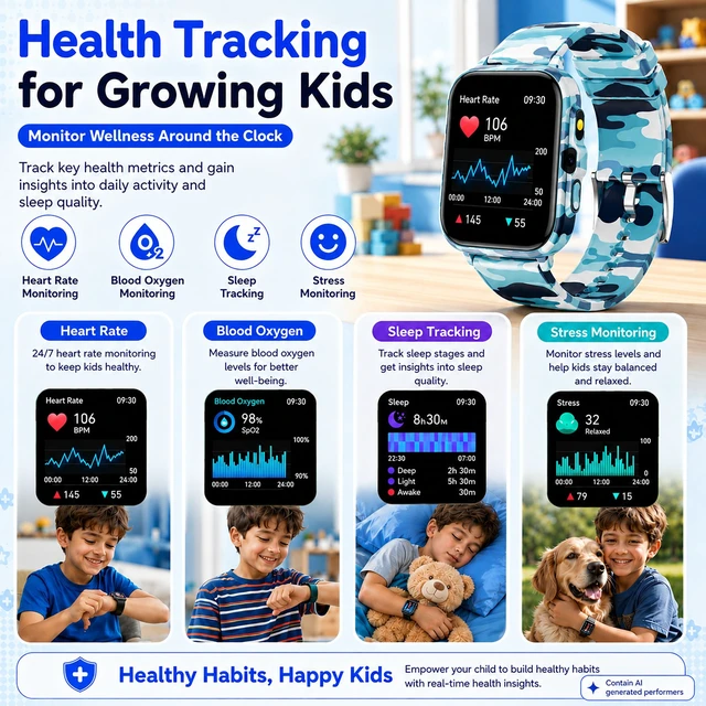 Alt view image 4 of 7 - Smart Watch for Kids Boys Age 5-12, Ai Functions Games HD Touch Screen Watches with Video Camera Music Player Pedometer Heart Rate Sleep Tracker Christmas Birthday Gifts for Boys (Black, 1.85")