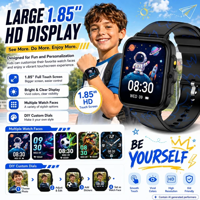Alt view image 3 of 7 - Smart Watch for Kids Boys Age 5-12, Ai Functions Games HD Touch Screen Watches with Video Camera Music Player Pedometer Heart Rate Sleep Tracker Christmas Birthday Gifts for Boys (Black, 1.85")