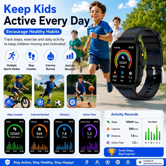 Alt view image 5 of 7 - Smart Watch for Kids Boys Age 5-12, Ai Functions Games HD Touch Screen Watches with Video Camera Music Player Pedometer Heart Rate Sleep Tracker Christmas Birthday Gifts for Boys (Black, 1.85")