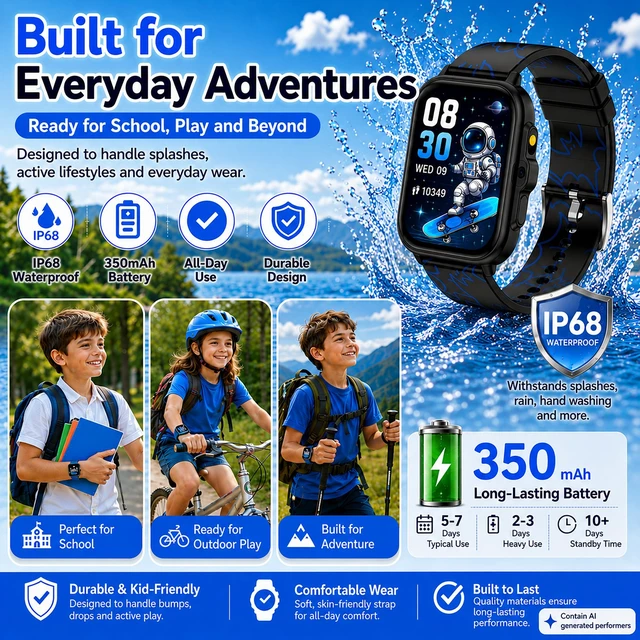 Alt view image 7 of 7 - Smart Watch for Kids Boys Age 5-12, Ai Functions Games HD Touch Screen Watches with Video Camera Music Player Pedometer Heart Rate Sleep Tracker Christmas Birthday Gifts for Boys (Black, 1.85")