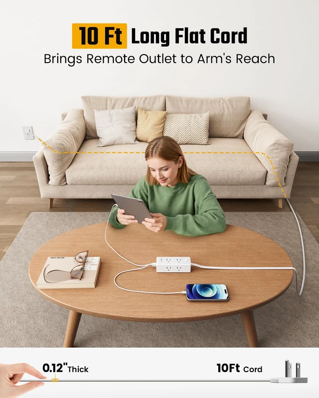 Alt view image 3 of 7 - 10 Ft Extension Cord with Multiple Outlets, Long Extension with 6 Outlets 4 USB Ports(2 USB C), Flat Plug Surge Protector Power Strip for Home, Office Supplies, Dorm Essentials