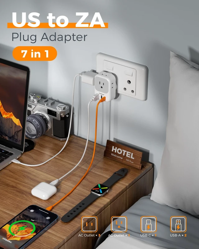 Alt view image 3 of 7 - South Africa Type M Power Adapter 4 American Outlets, 3 USB Charger (1 USB C Port), For US to Bhutan Botswana Namibia Nepal