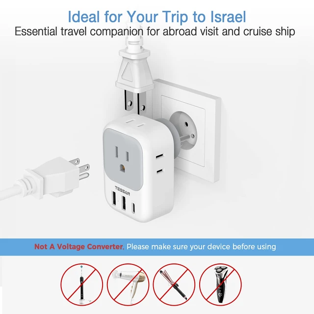 Alt view image 5 of 6 - US to Israel Plug Adapter, Type H Travel Adaptor 4 American Outlets,3 USB Charger (1 USBC), Ideal for Jerusalem