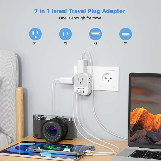 Alt view image 3 of 6 - US to Israel Plug Adapter, Type H Travel Adaptor 4 American Outlets,3 USB Charger (1 USBC), Ideal for Jerusalem