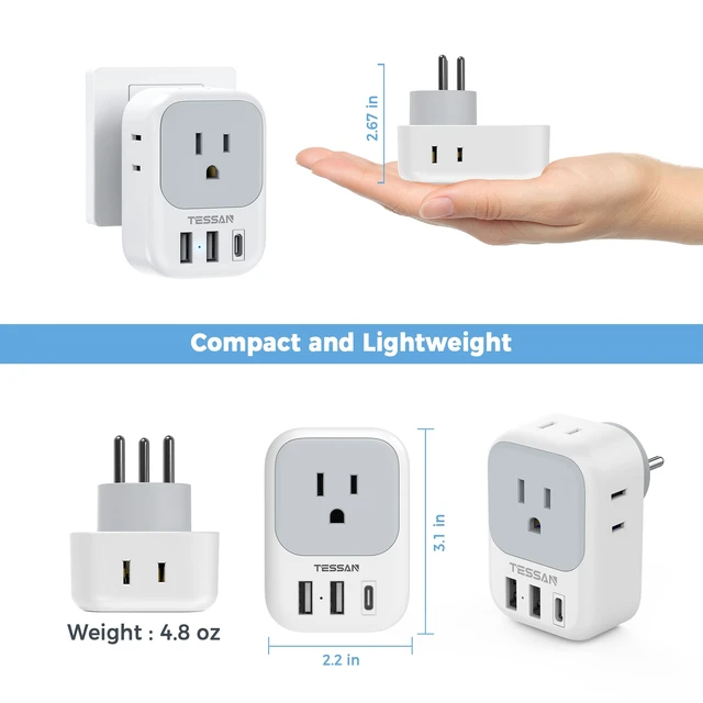 Alt view image 6 of 6 - US to Israel Plug Adapter, Type H Travel Adaptor 4 American Outlets,3 USB Charger (1 USBC), Ideal for Jerusalem