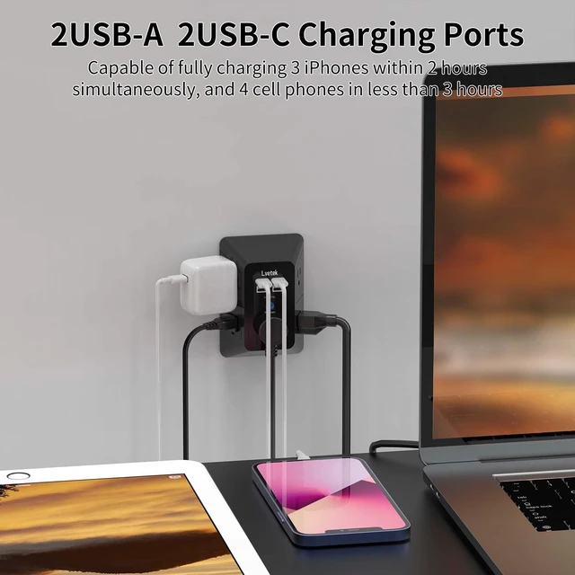Alt view image 3 of 6 - Outlet Extender, Surge Protector Outlet with 5-Multi Plug Outlet and 4 USB Ports(2 USB C), 3-Sided 1680J Power Strip Wall Charger, Multiple-Plug Outlet Splitter for Home Travel Office,ETL Listed,Black