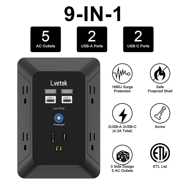 Alt view image 2 of 6 - Outlet Extender, Surge Protector Outlet with 5-Multi Plug Outlet and 4 USB Ports(2 USB C), 3-Sided 1680J Power Strip Wall Charger, Multiple-Plug Outlet Splitter for Home Travel Office,ETL Listed,Black