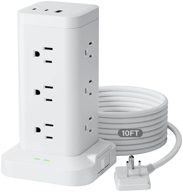 Main image of Power Strip Tower with Surge Protector 1800J, Fast Charging Tower PD20W USB-C Ports with 12 AC Outlets, Extension Cord for Home Office Dorm Room, 9.8ft, White