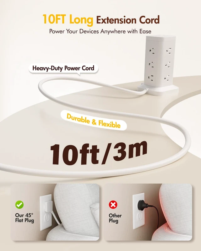 Alt view image 2 of 7 - Power Strip Tower with Surge Protector 1800J, Fast Charging Tower PD20W USB-C Ports with 12 AC Outlets, Extension Cord for Home Office Dorm Room, 9.8ft, White