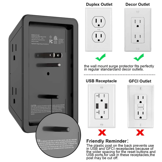 Alt view image 6 of 6 - Outlet Extender, Surge Protector Outlet with 5-Multi Plug Outlet and 4 USB Ports(2 USB C), 3-Sided 1680J Power Strip Wall Charger, Multiple-Plug Outlet Splitter for Home Travel Office,ETL Listed,Black