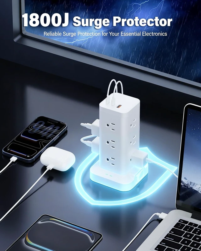 Alt view image 5 of 7 - Power Strip Tower with Surge Protector 1800J, Fast Charging Tower PD20W USB-C Ports with 12 AC Outlets, Extension Cord for Home Office Dorm Room, 9.8ft, White