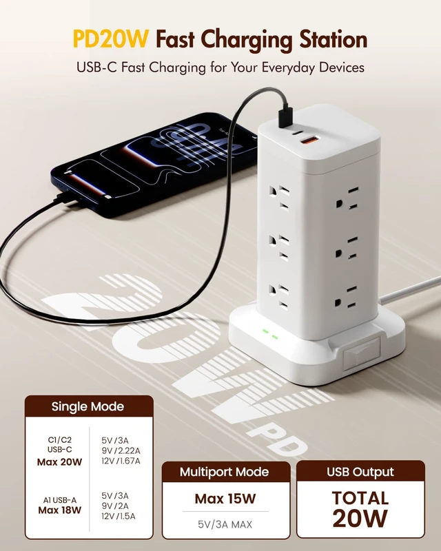 Alt view image 4 of 7 - Power Strip Tower with Surge Protector 1800J, Fast Charging Tower PD20W USB-C Ports with 12 AC Outlets, Extension Cord for Home Office Dorm Room, 9.8ft, White