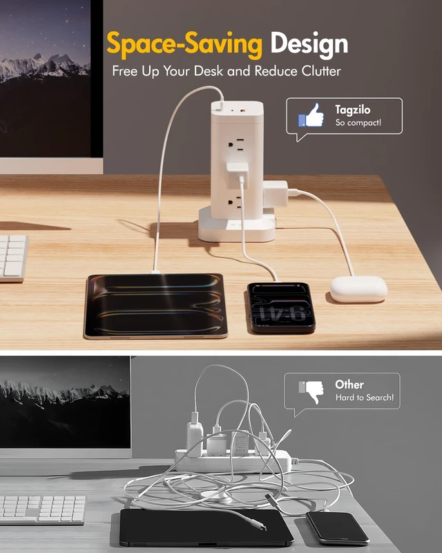 Alt view image 6 of 7 - Power Strip Tower with Surge Protector 1800J, Fast Charging Tower PD20W USB-C Ports with 12 AC Outlets, Extension Cord for Home Office Dorm Room, 9.8ft, White