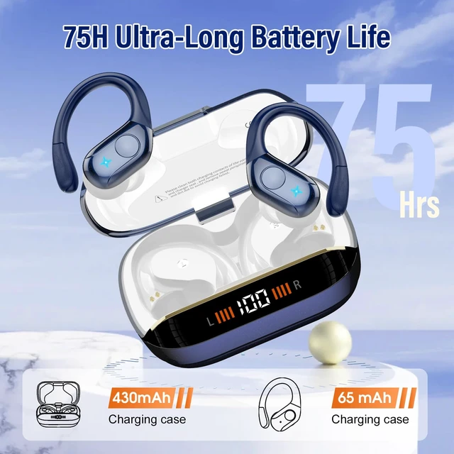 Alt view image 3 of 7 - Wireless Earbuds Bluetooth 5.4 Headphones Sports, 75Hrs Bass Hi-Fi Stereo Over Ear Buds Workout Running Gym, ENC Noise Cancelling Earphones with Earhook, IP-X7 Waterproof Headset for Android iOS