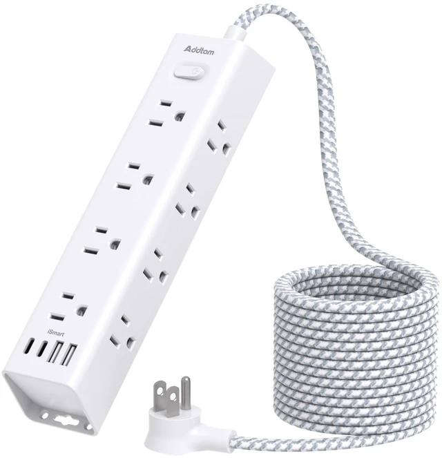 Main image of Power Strip Surge Protector with 12 AC Outlets 4 USB, 5FT Extension Cord Flat Plug Wall Mount, 1050J Overload Protection, Desk Charging Station for Home Dorm Room Office Essentials, ETL Listed