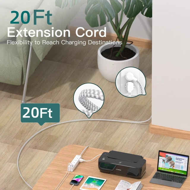 Alt view image 3 of 7 - 20FT Long Extension Cord, Power Strip with 12 AC Multiple Outlets & 4 USB Flat Plug Wall Mount, 1050J Overload Surge Protection, Outlet Extender for Home Office Garage Workshop, ETL Listed, White