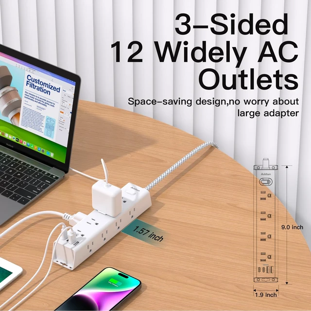 Alt view image 6 of 7 - Power Strip Surge Protector with 12 AC Outlets 4 USB, 5FT Extension Cord Flat Plug Wall Mount, 1050J Overload Protection, Desk Charging Station for Home Dorm Room Office Essentials, ETL Listed