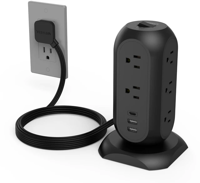 Main image of Tower Power Strip Flat Plug with 1050J Surge Protection, 6 Ft, Black 11 Outlets 3 USB (1 USB C), Surge Protector Power Tower, Extension Cord with Multiple Outlets, Dorm, Office Desk Supplies