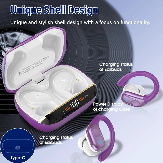 Alt view image 6 of 7 - Bluetooth 5.4 Headphones Wireless Earbuds Sports, 75Hrs Bass Hi-Fi Stereo Over Ear Buds with Earhook, ENC Noise Cancelling Headset, IP-X7 Waterproof Earphones for Running Workout Gym Android iOS