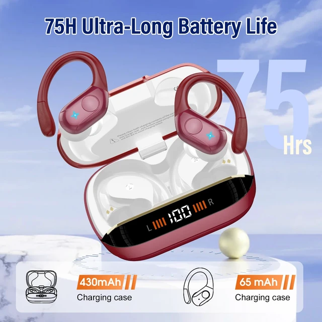 Alt view image 3 of 7 - Wireless Earbuds Sports, 75Hrs Bluetooth 5.4 Headphones, Bass Hi-Fi Stereo Over Ear Buds Running Workout Gym, ENC Noise Cancelling Headset with Earhook, IP-X7 Waterproof Earphones for Android iOS